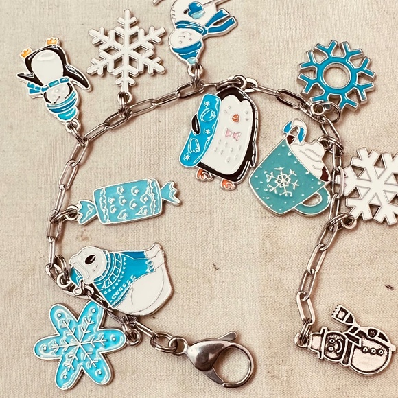 Handcrafted Winter Enamel Charms Bracelet Small Stainless Steel Paperclip Chain - Picture 7 of 8